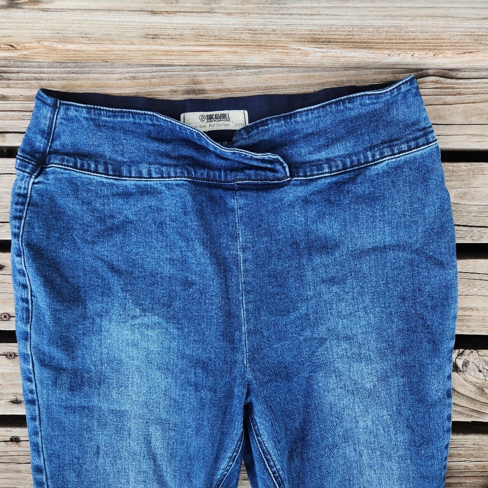 Rock & Roll Denim Bargain Bell Bottom Pull On Flare Jeans 32X36 Stretch Western - Picture 2 of 7